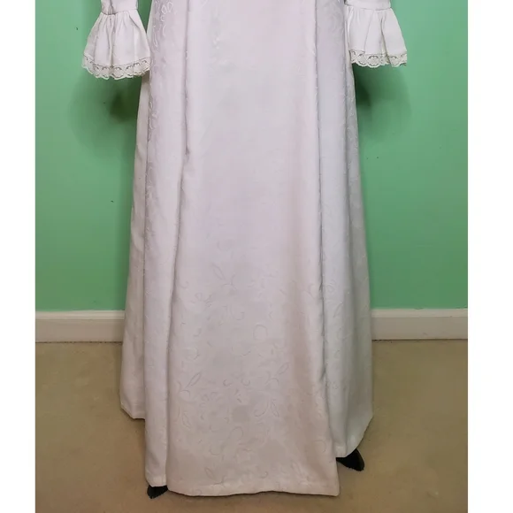 Vintage Boho Wedding Gown White Brocade Lace Long Sleeve Sash Dress - Picture 9 of 11